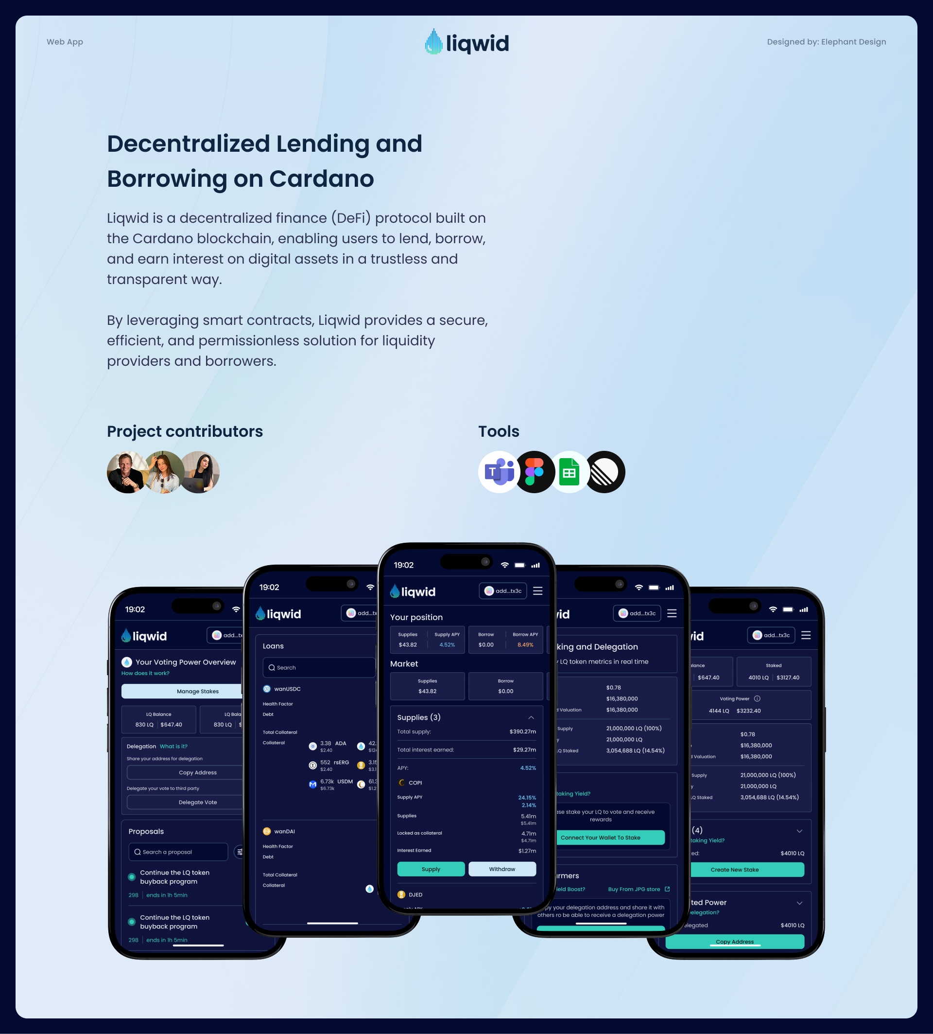 Liqwid case study cover with the headline 'Decentralized Lending and Borrowing on Cardano', project contributors and design tools, alongside five overlapping mobile screens showing the Liqwid app's dashboard, loans and staking screens
