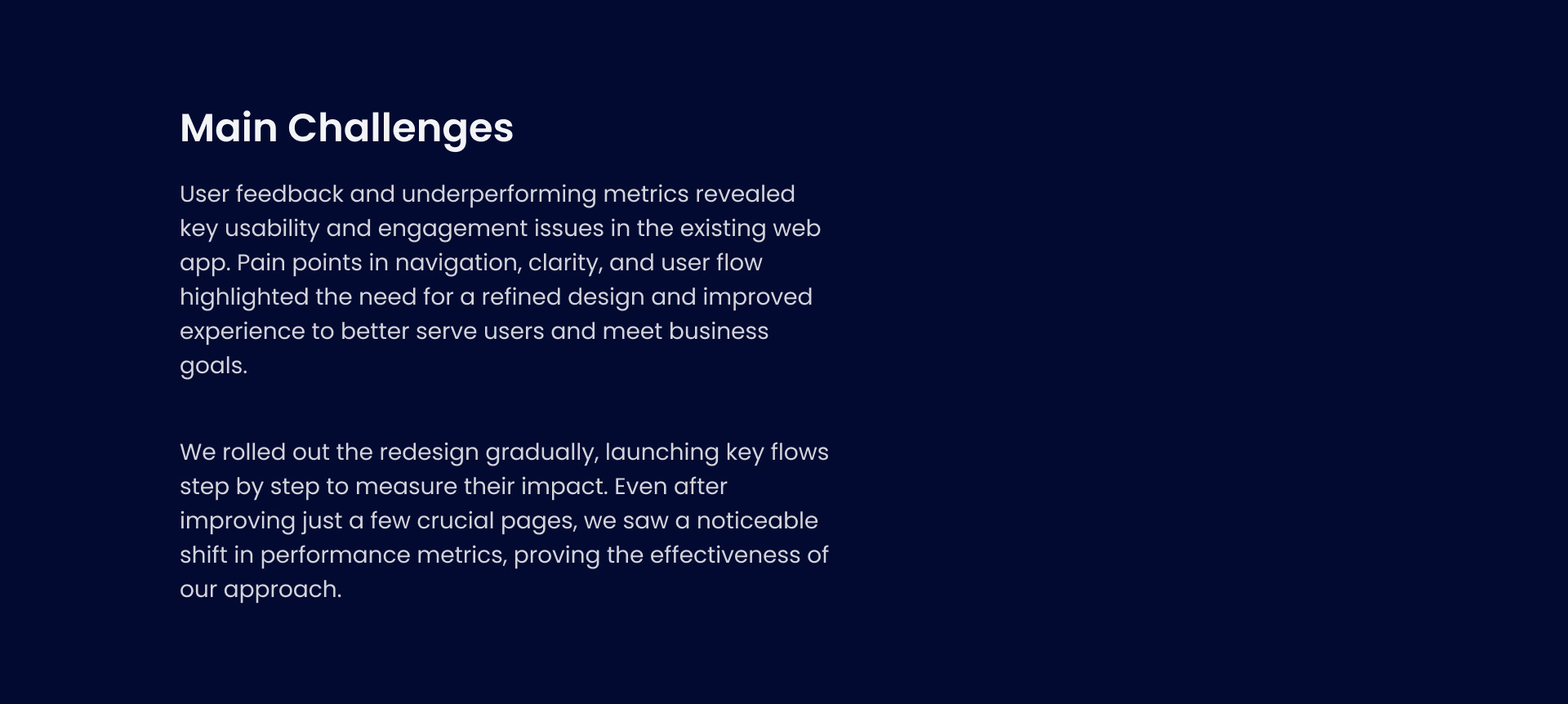 Liqwid main challenges slide describing usability and engagement issues found in the existing web app that guided a phased, metrics-driven redesign rollout